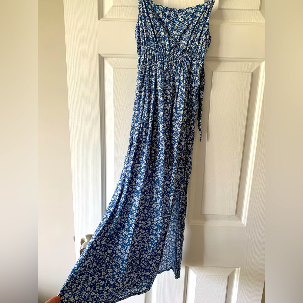 Blue slit ruffle strap dress